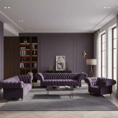 Chesterfield fioletowe meble siedziskowe. Nowoczesna 4-osobowa sofa projektanta, dwuosobowy fotel.