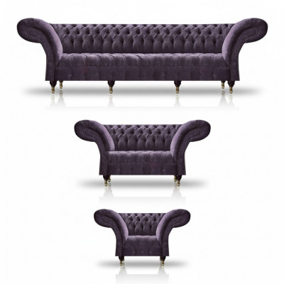 Chesterfield fioletowe meble siedziskowe. Nowoczesna 4-osobowa sofa projektanta, dwuosobowy fotel.