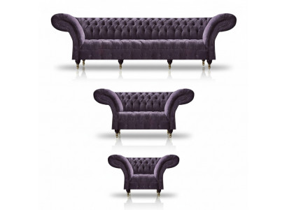 Chesterfield fioletowe meble siedziskowe. Nowoczesna 4-osobowa sofa projektanta, dwuosobowy fotel.