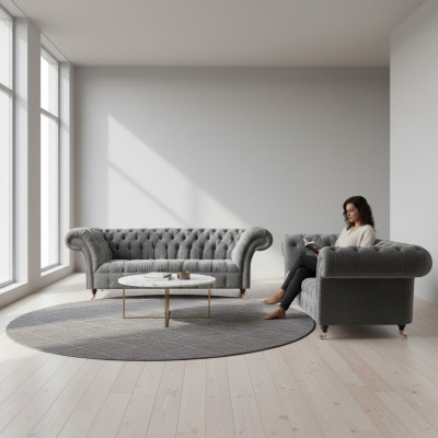 Salon Szare sofy Chesterfield Komplet 3-osobowa dwuosobowa