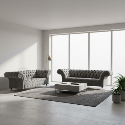 Salon Szare sofy Chesterfield Komplet 3-osobowa dwuosobowa