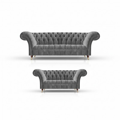 Salon Szare sofy Chesterfield Komplet 3-osobowa dwuosobowa