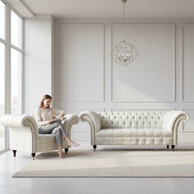 Nowoczesna sofa Chesterfield z białego materiału, ekskluzywne fotele do salonu 2 szt.