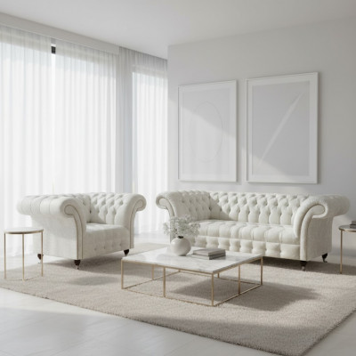 Nowoczesna sofa Chesterfield z białego materiału, ekskluzywne fotele do salonu 2 szt.