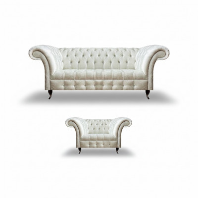 Nowoczesna sofa Chesterfield z białego materiału, ekskluzywne fotele do salonu 2 szt.