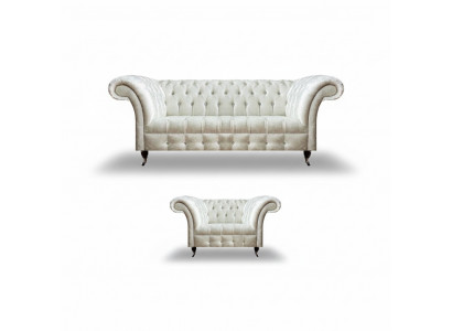Nowoczesna sofa Chesterfield z białego materiału, ekskluzywne fotele do salonu 2 szt.