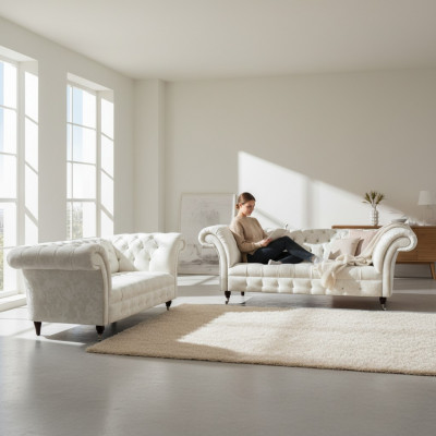 Kompletne białe zestaw mebli Chesterfield - nowoczesna sofa 3-osobowa luksusowa 2-osobowa.