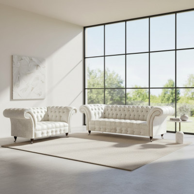 Kompletne białe zestaw mebli Chesterfield - nowoczesna sofa 3-osobowa luksusowa 2-osobowa.