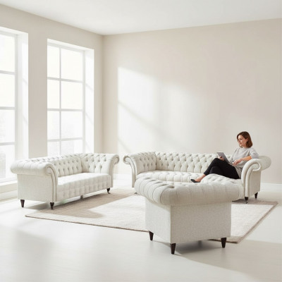 Biały zestaw mebli Chesterfield z tkaniny - meble designerskie z tapicerką.