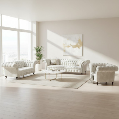 Biały zestaw mebli Chesterfield z tkaniny - meble designerskie z tapicerką.
