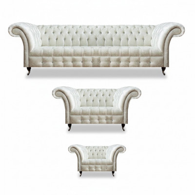 Biały zestaw mebli Chesterfield z tkaniny - meble designerskie z tapicerką.
