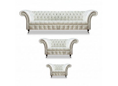 Biały zestaw mebli Chesterfield z tkaniny - meble designerskie z tapicerką.