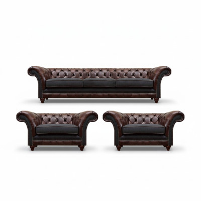 Brązowo-szara kanapa chesterfield z zestawem 2 foteli ze skóry - 3 częściowy zestaw.