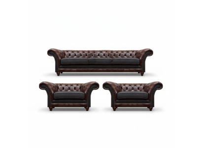 Brązowo-szara kanapa chesterfield z zestawem 2 foteli ze skóry - 3 częściowy zestaw.