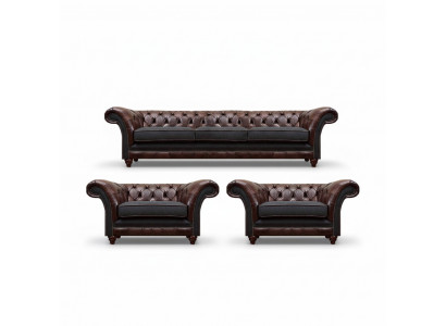 Brązowo-szara kanapa chesterfield z zestawem 2 foteli ze skóry - 3 częściowy zestaw.