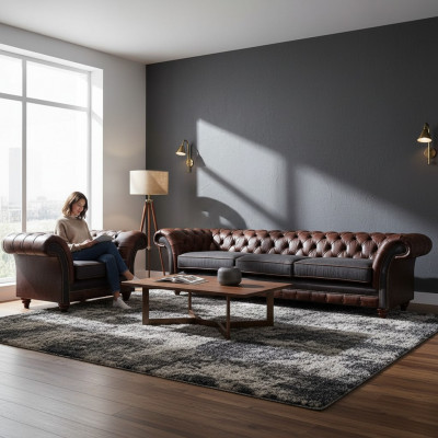 Chesterfield brązowa sofa z wygodnym fotelem tapicerowanym.