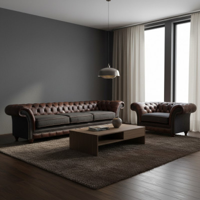 Chesterfield brązowa sofa z wygodnym fotelem tapicerowanym.