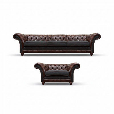 Chesterfield brązowa sofa z wygodnym fotelem tapicerowanym.