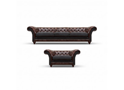 Chesterfield brązowa sofa z wygodnym fotelem tapicerowanym.
