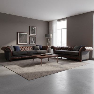 Chesterfield brązowo-szary salon zestaw kanapowy Nowoczesne sofy 2-częściowy