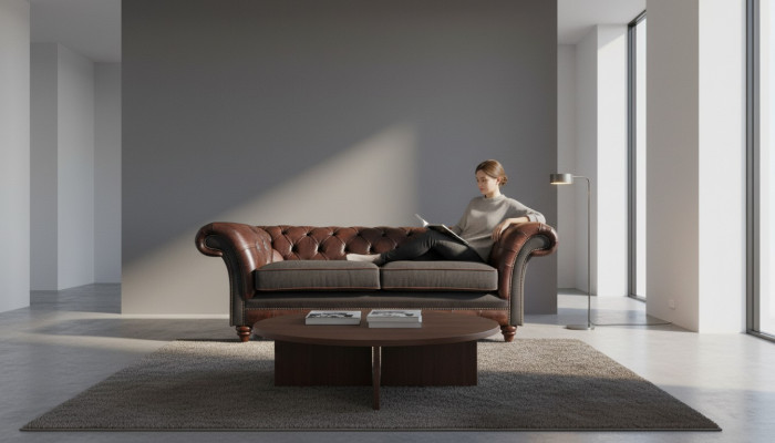 Brazowo-szara, elegancka dwuosobowa sofa Chesterfield do salonu