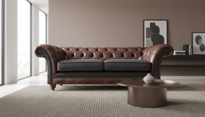 Brazowo-szara, elegancka dwuosobowa sofa Chesterfield do salonu