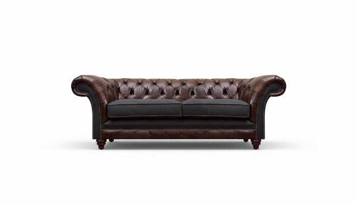 Brazowo-szara, elegancka dwuosobowa sofa Chesterfield do salonu
