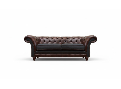 Brazowo-szara, elegancka dwuosobowa sofa Chesterfield do salonu