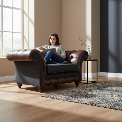 Chesterfield brązowo-szary fotel do salonu, pojedyncze siedzisko, nowoczesne i eleganckie meble.