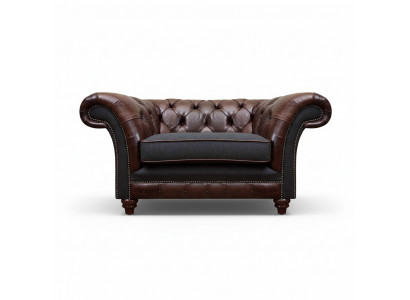 Chesterfield brązowo-szary fotel do salonu, pojedyncze siedzisko, nowoczesne i eleganckie meble.