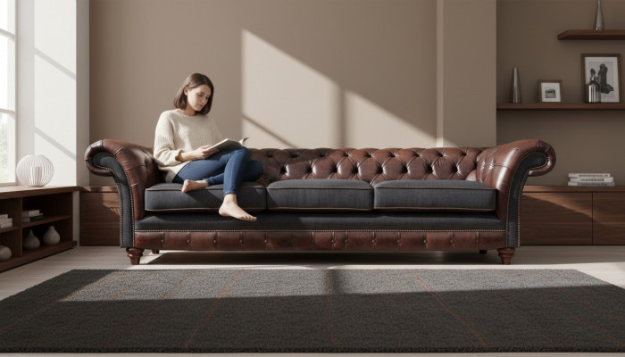 Brązowo-szare trzyosobowe sofy chesterfield do salonu, luksusowa kanapa