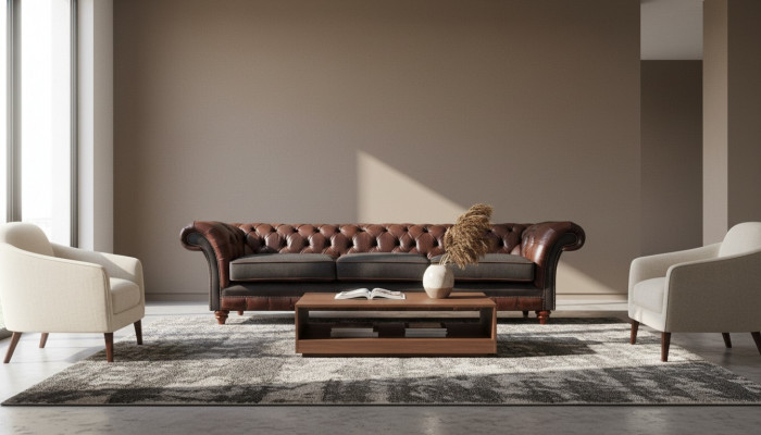 Brązowo-szare trzyosobowe sofy chesterfield do salonu, luksusowa kanapa