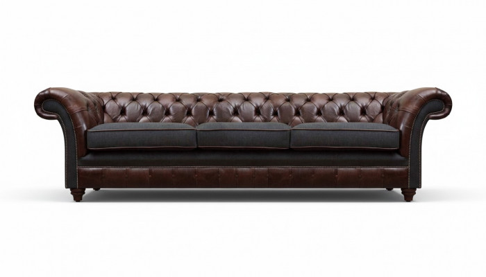 Brązowo-szare trzyosobowe sofy chesterfield do salonu, luksusowa kanapa