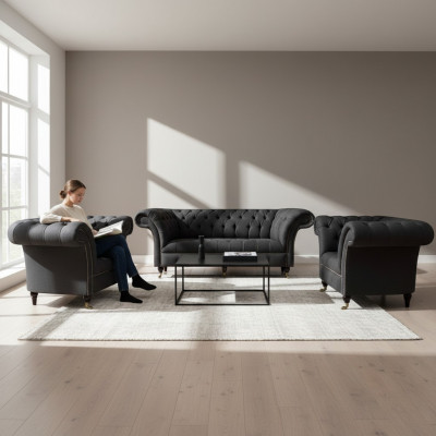 Nowoczesny zestaw mebli Chesterfield w kolorze czarnym, Designer 2x fotel tekstylny 3-osobowy