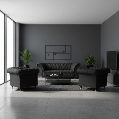 Nowoczesny zestaw mebli Chesterfield w kolorze czarnym, Designer 2x fotel tekstylny 3-osobowy