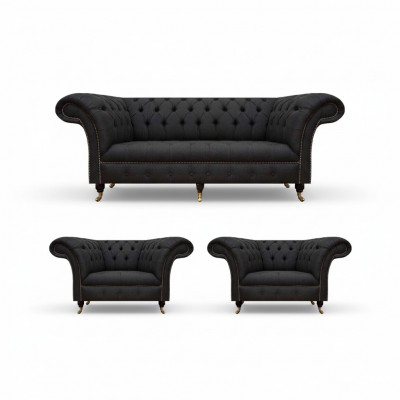 Nowoczesny zestaw mebli Chesterfield w kolorze czarnym, Designer 2x fotel tekstylny 3-osobowy