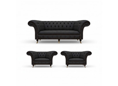 Nowoczesny zestaw mebli Chesterfield w kolorze czarnym, Designer 2x fotel tekstylny 3-osobowy
