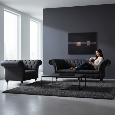 Chesterfield czarne obicie materiałowe Meble designer 3-os. Fotel 2szt.