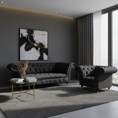 Chesterfield czarne obicie materiałowe Meble designer 3-os. Fotel 2szt.