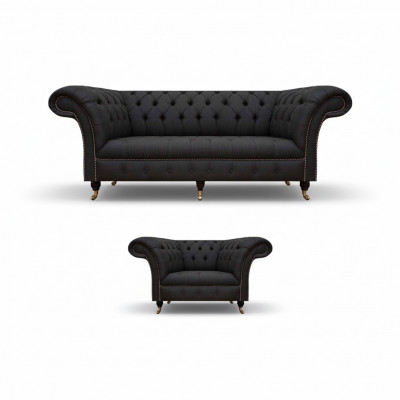 Chesterfield czarne obicie materiałowe Meble designer 3-os. Fotel 2szt.