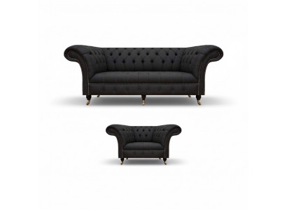 Chesterfield czarne obicie materiałowe Meble designer 3-os. Fotel 2szt.