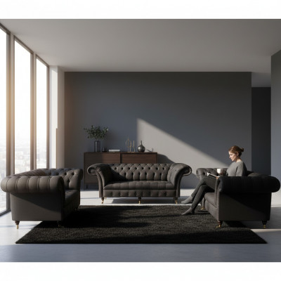Chesterfield czarne sofy do salonu Komplet w komplecie 3 częściowy zestaw