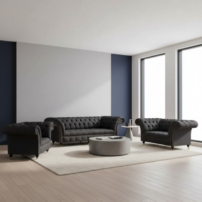 Chesterfield czarne sofy do salonu Komplet w komplecie 3 częściowy zestaw