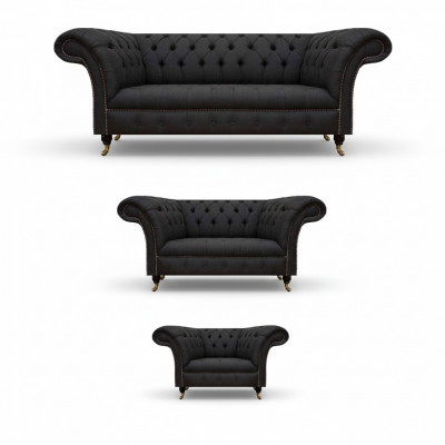 Chesterfield czarne sofy do salonu Komplet w komplecie 3 częściowy zestaw