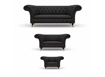 Chesterfield czarne sofy do salonu Komplet w komplecie 3 częściowy zestaw