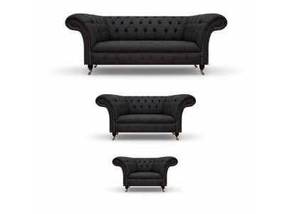 Chesterfield czarne sofy do salonu Komplet w komplecie 3 częściowy zestaw