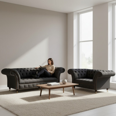Kompletny zestaw Chesterfield w kolorze czarnym. Projektant trzyosobowej sofy. Nowoczesny dwuosobowy.
