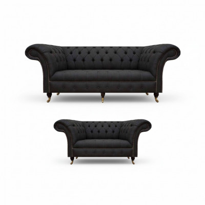 Kompletny zestaw Chesterfield w kolorze czarnym. Projektant trzyosobowej sofy. Nowoczesny dwuosobowy.