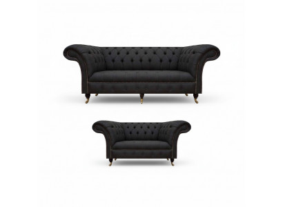 Kompletny zestaw Chesterfield w kolorze czarnym. Projektant trzyosobowej sofy. Nowoczesny dwuosobowy.