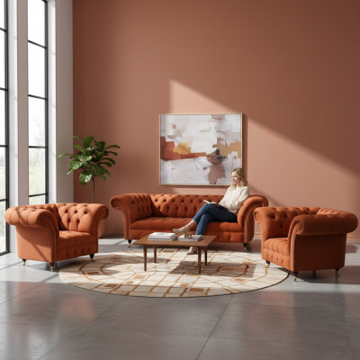 Pokój dzienny Brązowa zestaw mebli Chesterfield 2 fotele 3-osobowa sofa 3 elementy
